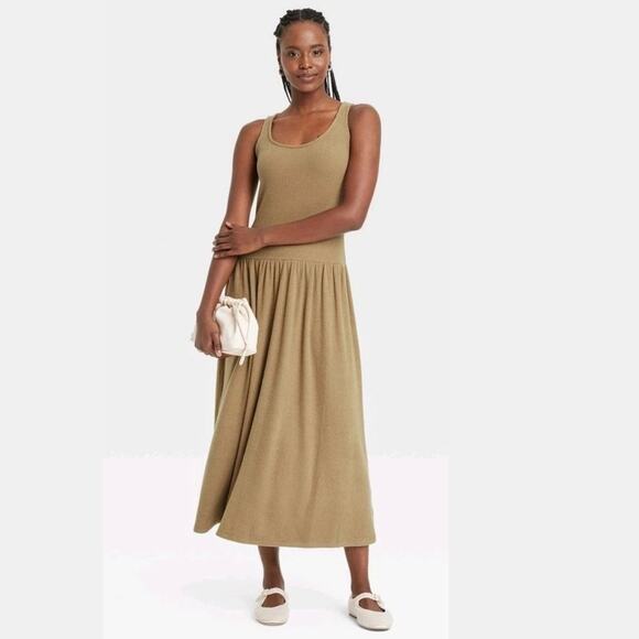Universal Thread Women's Ribbed Drop Waist Knit Midi Slip Dress Brown Size XS - Picture 1 of 6